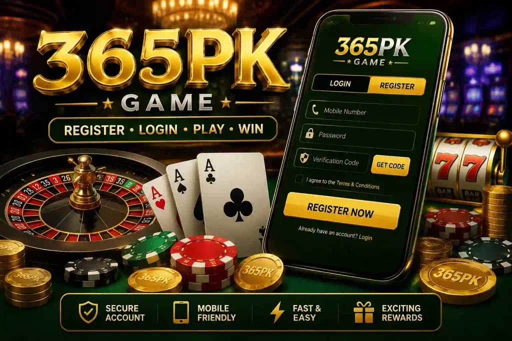 365PK Game registration guide banner with mobile login screen, registration form, roulette wheel, playing cards, slot machine, coins, and casino chips