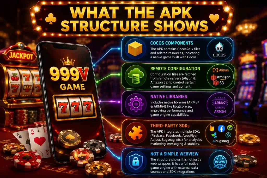 999V Game APK structure showing Cocos components, remote configuration, native ARM libraries, and third-party SDKs