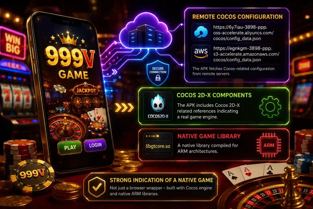 999V Game APK showing remote Cocos configuration servers, Cocos2D-X components, native ARM library, and casino-themed game interface