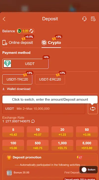 FE786Win Game crypto deposit screen showing USDT, USDT-TRC20 and USDT-ERC20 options