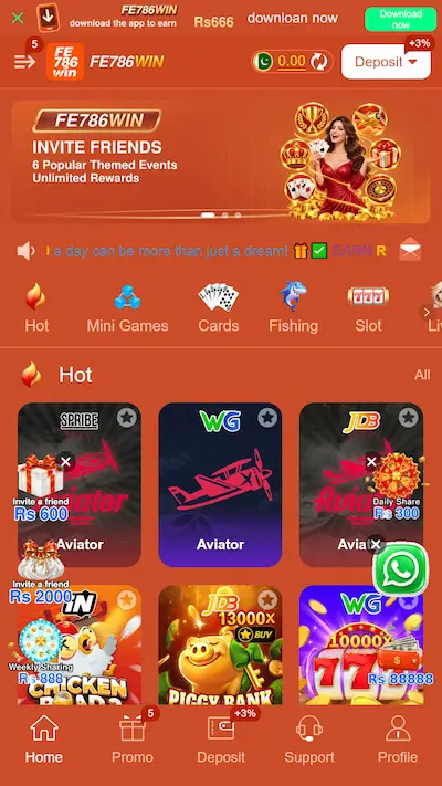FE786Win Game home screen showing Hot, Mini Games, Cards, Fishing and Slot categories