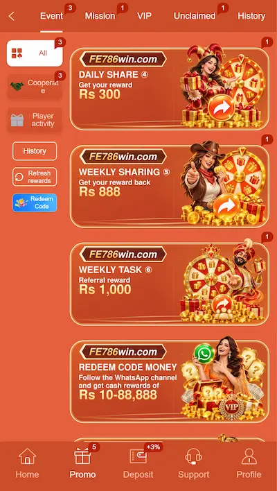 FE786Win Game promotions screen showing Daily Share, Weekly Sharing, Weekly Task and Redeem Code events