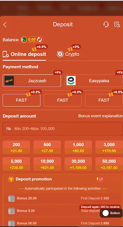 FE786Win Game deposit screen showing JazzCash and Easypaisa payment methods