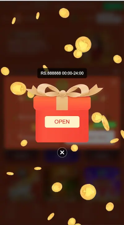 FE786Win Game gift box reward screen with Open button and falling coins