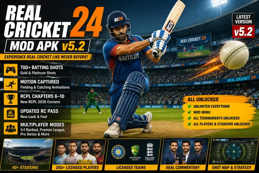 Real Cricket 24 MOD APK v5.2 gameplay poster showing a batsman in a stadium with match modes, batting shots, RCPL content, and version details.