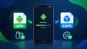 Android phone installing an app with APK and XAPK file icons, showing the Android installation process.
