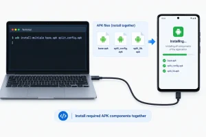 Android APK installation tutorial showing a laptop terminal with the command adb install-multiple base.apk split_config.apk, a USB-connected Android smartphone, and multiple APK files being installed together. The example filenames may vary depending on the app package.