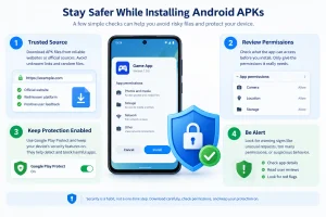 Android APK security infographic showing a smartphone, protective shield, download checklist, and app permissions panel, with safety tips to use trusted sources, review app permissions, keep Google Play Protect enabled, and watch for suspicious behavior when installing APK files.