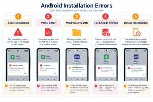 Android installation troubleshooting infographic showing five common errors: App Not Installed, Parse Error, Missing Game Data, Not Enough Storage, and Device Incompatible, with warning icons, smartphone error screens, and brief troubleshooting tips for each problem.