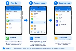 Step-by-step Android file management tutorial showing how to find game.xapk, rename a copy to game.zip, and extract files such as base.apk, split_config.apk, and an optional Android data folder.