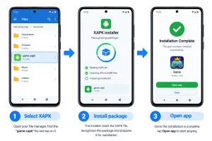 Step-by-step illustration showing how to select a game.xapk file, install the package using a compatible XAPK installer, and open the installed app on Android.