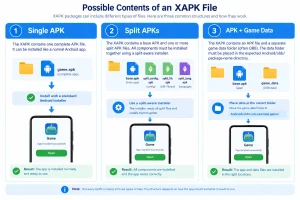 Infographic explaining three possible XAPK file structures: a single complete APK for standard Android installation, base.apk with split APK files that require a compatible split-aware installer, and an APK with separate game data that may need to be placed in the correct Android/obb/package-name folder.