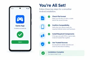 Android installation tutorial infographic showing a smartphone with a generic app icon and a four-point checklist covering file format, device compatibility, required APK components, and trusted download sources, with blue and green icons and a subtle installation-complete symbol.